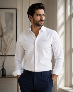 Chemise décontractée blanche pour homme Khawaja Rafique Ullah Enterprises, manches longues, col montant, infroissable, satinée, transfert thermique - Product Image 1