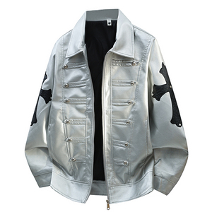 Contrasting Color Minimalist Rivet Design Vintage <b>Motorcycle</b> Style <b>Retro</b> Casual Breathable Windproof PU Leather <b>Jacket</b> Zipper - Product Image 2