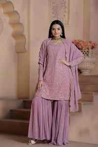 Traje de Fiesta Premium de Diseñador, Salwar Kameez Sharara Dupatta de Georgette Sintética, con Bordado y Lentejuelas, para Bodas y Festivales - Product Image 3