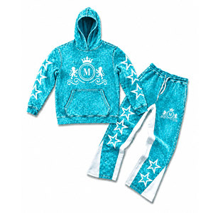 Turquoise Acid Wash Hooded Tracksuit Set With White Stars And 350 gsm Full Length Drawstring Pants 100% Cotton Streetwear - Product Image 1