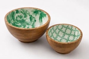 Ensemble de bols de service en bois faits à la main avec impression décorative en émail, bols à salade, à soupe et à mélanger - Product Image 4