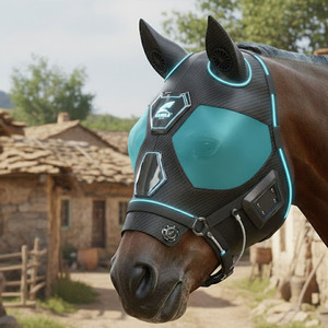 Masque anti-mouches pour chevaux, doux, extensible, protection UV, confortable, avec oreilles, respirant, élastique, avec couvre-yeux en maille - Product Image 1