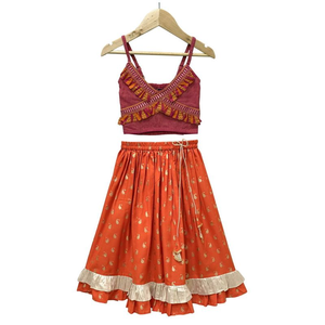 Twisha Woven Cotton Sleeveless Striped <b>Top</b> With Printed Lehenga-<b>Maroon</b> & Orange - Product Image 1