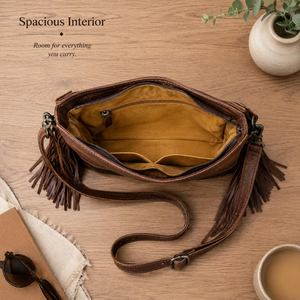 Bolso bandolera de cuero de vaca con pelo, hecho a mano, estilo western, con flecos y adornos florales tallados a mano, para mujer. - Product Image 4