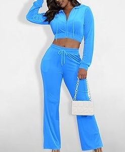 Wholesale Track Suit For Women Sexy Clubwear Breathable Baggy Joggers Set Crop Top Womens Zip Up <b>Velour</b> Velvet <b>Tracksuits</b> Set - Product Image 4