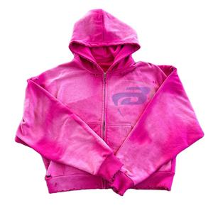 Hoodie personnalisé à capuche en molleton rose, coupe ample, effet délavé vintage, zippé, style streetwear usé, 100% coton, hiver, y2k - Product Image 1