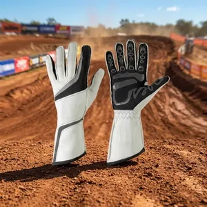 Gants de karting unisexes à doigts entiers en cuir beige et noir, antidérapants, pour la conduite en extérieur, style à enfiler - Product Image 4