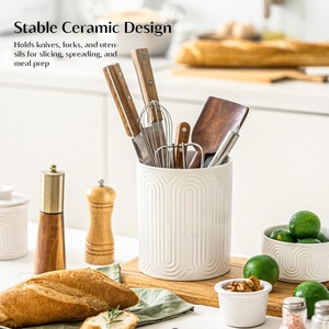 Embossed Ceramic Utensil Holder <b>Set</b> Textured Surface High <b>Fired</b> Strength Chip Resistant Stable Kitchen Counter Storage Organizer - Product Image 5