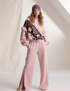 Custom Women's <b>Embroidery</b> Streetwear Heavy Pullover Tracksuit Vintage Distressed Embroidered Flared Sweatpants and Hoodie <b>Set</b> - Product Image 3