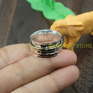 Bague tournante tricolore faite à la main en argent sterling 925, laiton et cuivre, large, style méditation bohème, bijou tendance pour femmes et hommes - Product Image 5