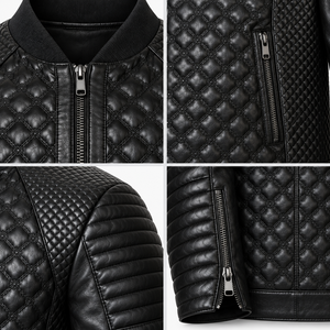Mens Black Genuine Leather Canvas Winter Bomber Jacket V-neck Collar Full <b>Zip</b> Motorcycle Biker Fashion Custom - Product Image 4