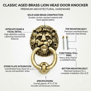 Battant de porte tête de lion, design ornemental traditionnel, anneau de porte antique tête de lion, classique pour l'entrée - Product Image 2