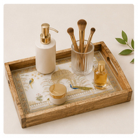 Bandeja de Servicio de Madera Ecológica Hecha a Mano de Lujo para Bodas, con Grabado Floral Dorado, Decorativa e Impermeable