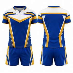 Maillot de football sublimé bleu, or et blanc pour homme, col en V, manches courtes, évacuation de l'humidité, polyester 140g, coupe athlétique, adulte, toutes saisons - Product Image 1