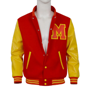 Men's Red Varsity Jacket Yellow PU Sleeves Embroidered M Logo <b>Turn</b>-down Collar Covered <b>Button</b> Closure Casual Breathable Knitted - Product Image 3