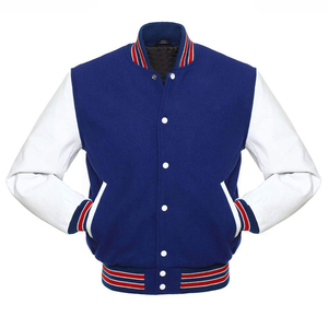 เสื้อแจ็คเก็ตวาร์ซิตี้สีน้ำเงินขาวสำหรับผู้ชาย พร้อมลายปักรูปสิงโต สไตล์พรีปปี้ ปกคอพับ ทรงปกติ เหมาะสำหรับใส่ในฤดูใบไม้ร่วง - Product Image 1