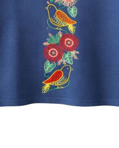 Camiseta Corta Azul Marino para Mujer, Bordado Floral de Aves, Manga Corta, Informal, de Moda, Mezcla de Algodón Suave, Top de Verano para Mujer, Venta al por Mayor - Product Image 5