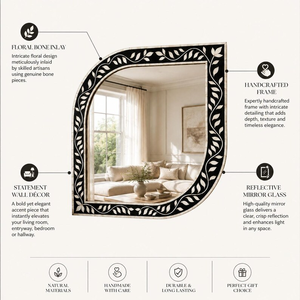 Espejo de pared floral con incrustaciones de hueso hecho a mano – Espejo decorativo artesanal - Product Image 5