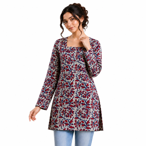 Kurti en coton premium à imprimé floral Sanganeri pour femmes, col carré, haut long, vêtements ethniques décontractés, fournisseur en gros, qualité export. - Product Image 4