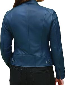 Women's Genuine Leather Motorcycle Jacket Brown Stand Collar <b>Zipper</b> Closure Full Sleeve Biker Style Autumn Wear - Product Image 3
