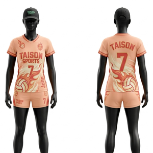Uniforme de volley-ball pour femmes, tissu en polyester respirant, maille, 160 GSM, crème, bleu marine, rouge, design de panneaux latéraux, logo personnalisé par sublimation - Product Image 5