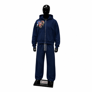Conjunto Deportivo Gráfico Azul Marino para Hombre, Sudadera con Cremallera Completa y Pantalones Jogger Relajados, Estilo Urbano Premium - Product Image 1