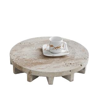 Round travertine <b>stone</b> tray pedestal riser handmade decorative coffee serving tray hot sale luxury <b>stone</b> platter natural marble - Product Image 1