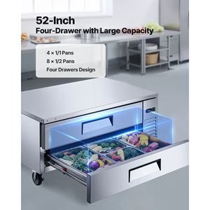 Frigorifero da Lavoro Professionale per Cucina Commerciale 52'' con Base Chef, 2 Cassetti, 8 Vaschette in Acciaio Inox - Product Image 2