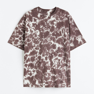 Camiseta de Manga Corta para Hombre, Talla Grande, Tie-Dye, Cuello Redondo, Informal, Tejida, Corte Regular, Estampada, Marrón y Blanco - Product Image 1