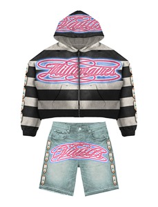 Ensemble streetwear pour homme, veste courte à capuche et short, imprimé, design surdimensionné avec fermeture éclair, tenue de mode estivale - Product Image 5
