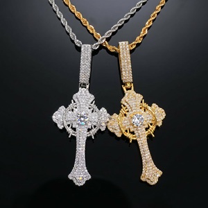 Collier Pendentif Croix Hip Hop en Argent 925 Plaqué Or Rose avec Zircons Micro-Pavés et Chaîne Corde pour Hommes, Bijou de Fête - Product Image 4