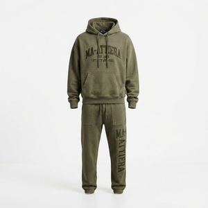 Custom <b>Oversized</b> Olive Green Hoodie and Cargo <b>Jogger</b> Sweatpants Set Heavyweight Cotton Streetwear OEM Wholesale - Product Image 3