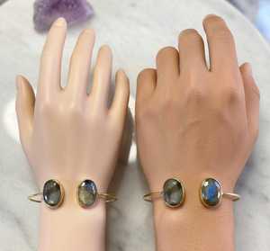 Double Oval Labradorite Gold Bangle | Blue Flash Gemstone Open <b>Cuff</b> | Gold Plated Vintage Style IGI Certified Wholesale Jewelry - Product Image 2