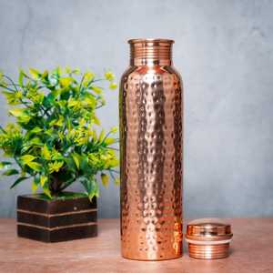 Bouteille de sport en cuivre pur 1000 ml, isolation thermique 12-24 heures, couvercle réutilisable, design vintage, type à pression, fait main, cadeau de voyage - Product Image 2