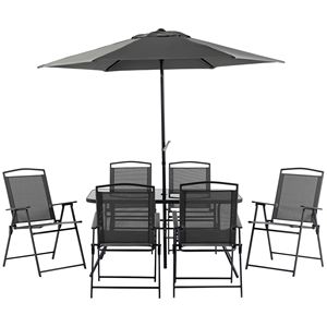 Per Outsunny 8-Piece Patio esterno nero da pranzo Set rettangolare tavolo con ombrellone e 6 sedie pieghevoli Set mobili da giardino - Product Image 1