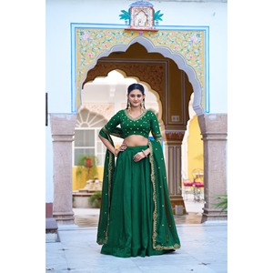 Designer Green NC Silk Women's Lehenga Set with <b>Sequins</b> and Thread Work - Product Image 1
