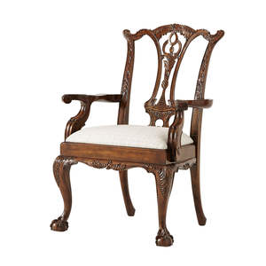 Fauteuil de salle à manger en bois de hêtre antique, design contemporain, sculpté à la main, avec dossier ajouré, rembourré en lin, pour hôtel de luxe et villa - Product Image 1