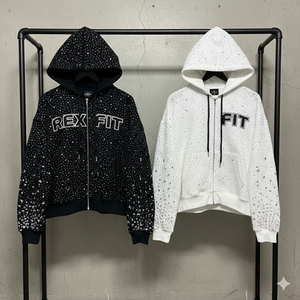 Nouvel arrivage : Sweat à capuche zippé 500 GSM, effet délavé soleil, logo personnalisé, broderie vieillie, streetwear, strass sur toute la surface - Product Image 4