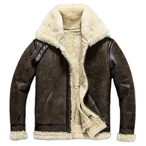 免费送货冬季羊皮羊毛夹克男士复古B3轰炸机男飞行员真皮皮夹克真重皮草外套