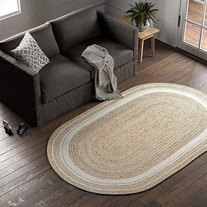 Natural Oval Jute <b>Rug</b> with White Stripes – Handwoven Boho Area Carpet for Living Room, India <b>Rug</b> Manufacturer - Product Image 4