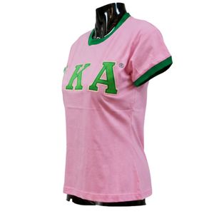 Women Pink Green Black Ringer T Shirt Classic Letter Embroidered Casual <b>Top</b> Short Sleeve Fashion Apparel Stylish Everyday Wear - Product Image 3