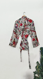 Robe Kimono Longue à Col en V en Coton Imprimé Floral, Séchage Rapide, Manches Longues, Faite à la Main, pour Demoiselle d'honneur ou Tenue de Plage - Product Image 4