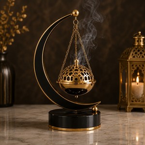 Brûleur à Bakhoor de luxe à cadre circulaire, fabriqué en métal doré, verre transparent et marbre noir, créant une décoration d'intérieur somptueuse. - Product Image 3