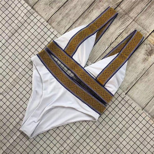 Women's Light Blue Bikini Set <b>Crossed</b> Halter <b>Top</b> High Waist Bottom Contrast Binding Spandex Polyester Stretch Swimwear - Product Image 4