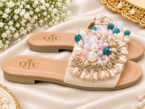 Sandales plates à plateforme perlées, à bout ouvert, avec perles et cristaux, à enfiler, tendance mode extérieure pour femmes - Product Image 2