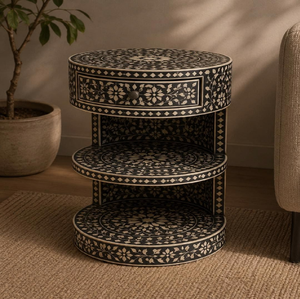 Table de chevet ronde en os noir incrusté, avec tiroirs et étagère à motif étoilé, disponible à prix de gros. - Product Image 5