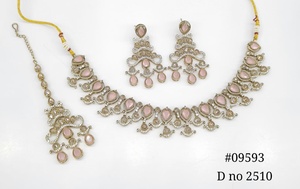 Ensemble de bijoux ethniques Mehendi 09593, collier et boucles d'oreilles en platine, strass, aspect émeraude, mariage pakistanais, fiançailles - Product Image 6