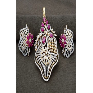 Glamorous Premium Quality Gold Plated Brass Zircon Designer Pendant <b>Necklace</b> Set Earrings Wedding Party Women Wear Collection - Product Image 2