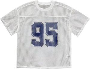 เสื้อกีฬาตาข่ายสีขาวปักหมายเลข 95 สีเขียวด้านหน้า ผลิตจากวัสดุโพลีเอสเตอร์ที่ทนทาน - Product Image 6