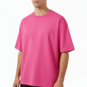 เสื้อยืดโอเวอร์ไซส์พิมพ์โลโก้ตามสั่ง สีชมพูสด ทรงหลวม ไหล่ตก ผ้าคอตตอนผสมโพลีเอสเตอร์เนื้อหนา เสื้อยืดเรียบง่าย สไตล์สตรีทแวร์ - Product Image 3